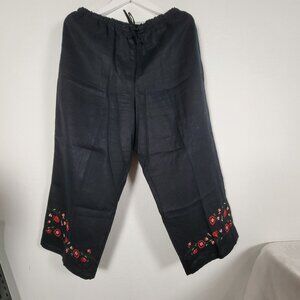 Style & Co. Womens Linen Embroidered Black Cropped Pants Large High Rise Casual